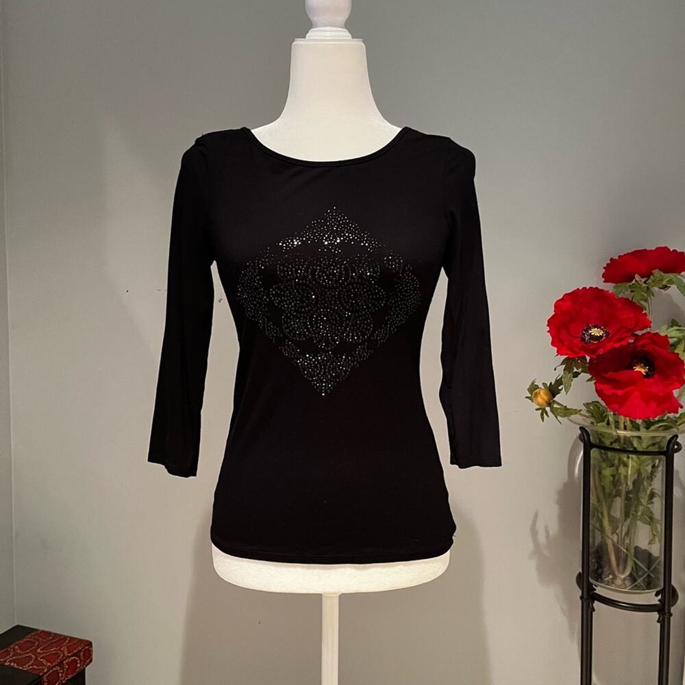 NEW WHBM White House Black Market 3/4 Sleeve Scoop Stretch Bling Sparkle Top XS